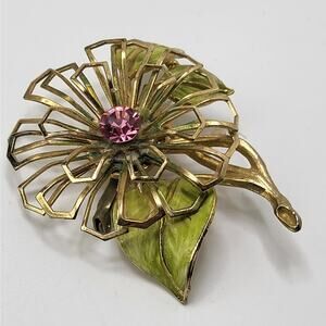Vintage Flower Brooch Atomic Gold Tone Pink Rhinestone Floral Pin
